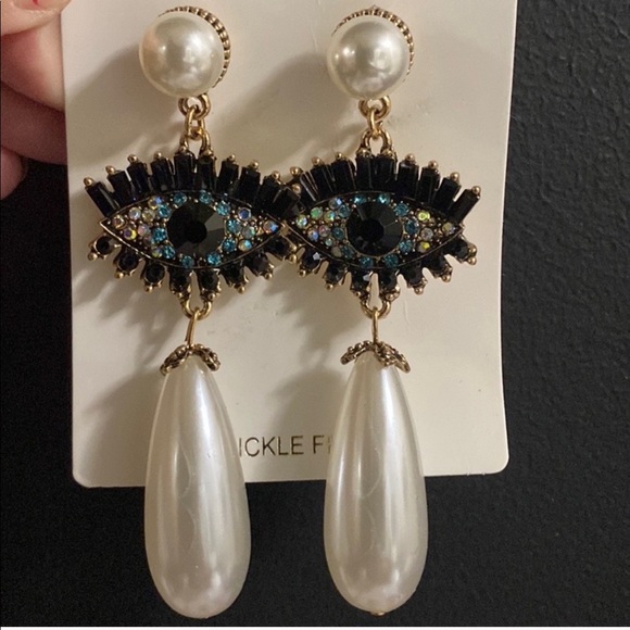 NWT Bohemian Evil Eye Pearl Drop Earrings - Picture 2 of 3